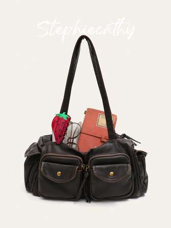 STEPHIECATHY 女士时尚街头休闲水洗 PU 人造皮革枕头包拉链开合多翻盖口袋手提包大容量顶部提手单肩腋下包适合日常通勤学院多功能四季