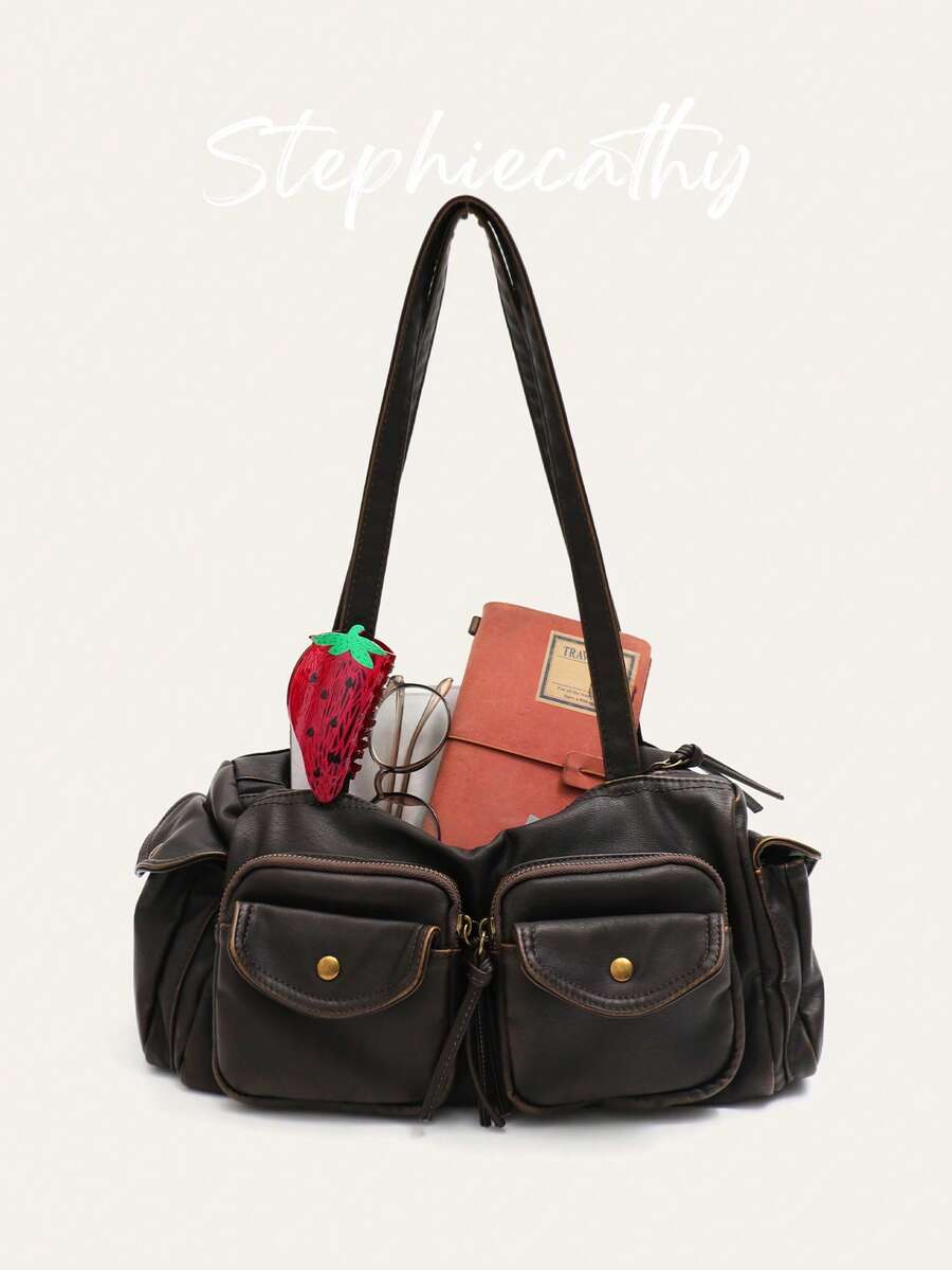 女士时尚街头休闲水洗 PU 人造皮革枕头包拉链开合多翻盖口袋手提包大容量顶部提手单肩腋下包适合日常通勤学院多功能四季 - 彩色 - 查看 1