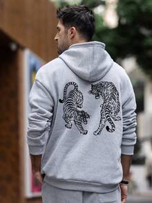 Krometka Men's Tiger Element Print Thermal Lined Hoodie, Autumn/Winter New Street Fashion - Grey - View 2
