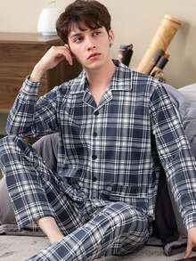 男士长袖睡衣套装（两件套） - 长袖上衣 + 直筒裤 - 时尚格子印花睡衣，休闲百搭，适合外出穿着，冬季服装 - 彩色 - 查看 4
