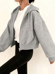 Sudadera con capucha, versátil, moderna, entallada, con cremallera, cálida, de color liso y forro polar para mujer Sudaderas de Mujer Abrigos de Mujer - Gris - Ver 5