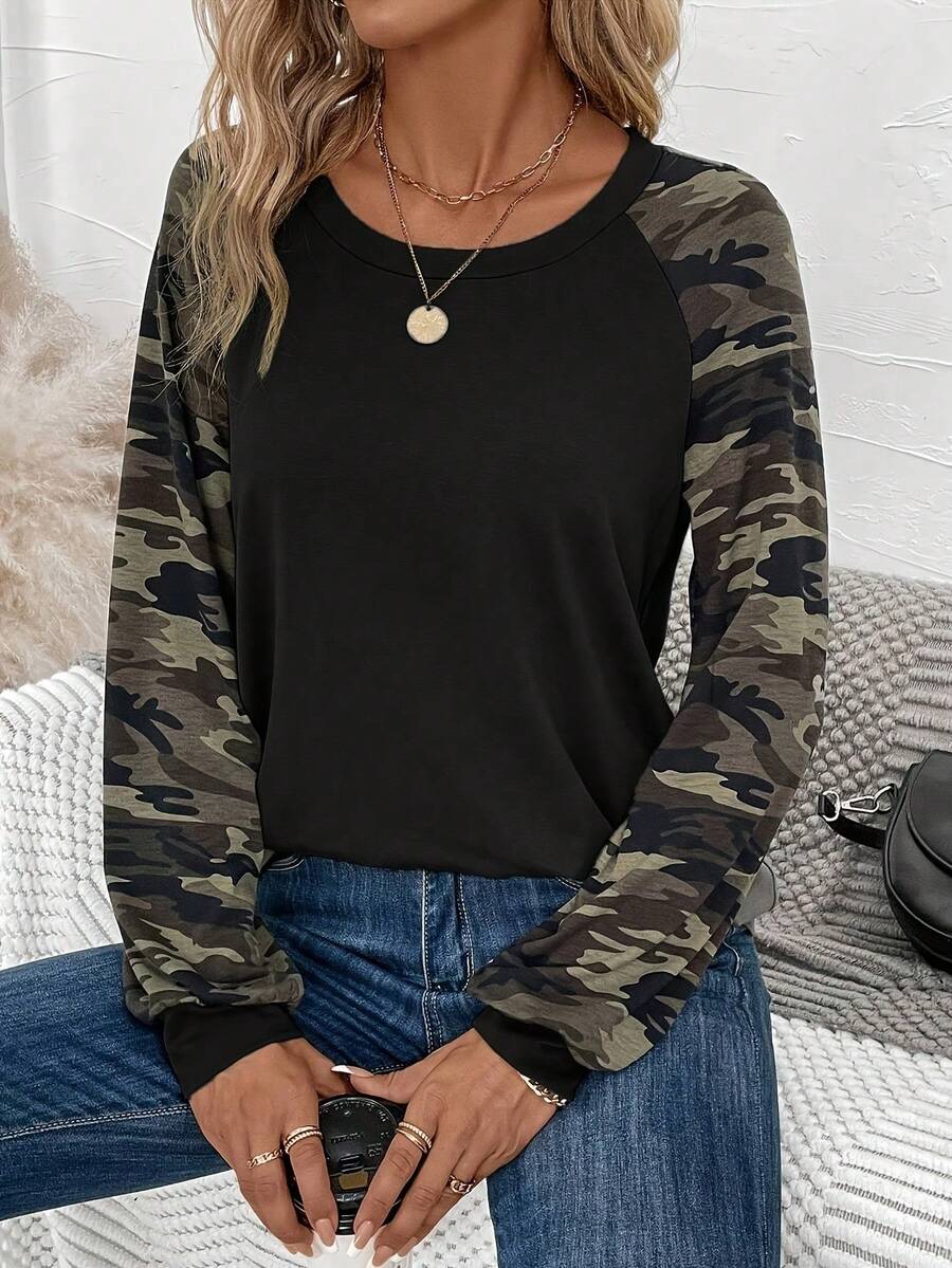 Plus Size Women Camouflage Print Batwing Sleeve Round Neck T-Shirt, Casual And Fashionable