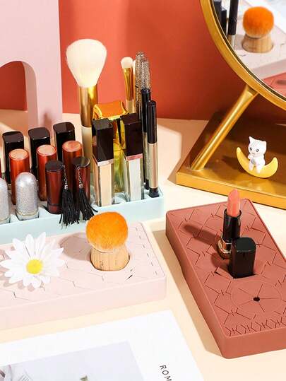 Silikon Make-up Organizer - Mehrgitter Lippenstift & Augenbrauenstift Aufbewahrungsbox für den Schreibtisch, nicht kosmetisches Tablett mit leicht zu reinigendem Design, ästhetischer Schminktisch Organizer für Badezimmer, Wohnheim, perfektes Geschenk für sie & Jugendliche