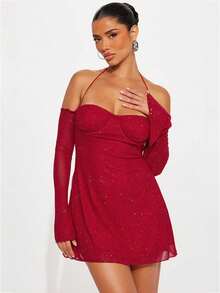 Vestido mini elegante y brillante de gasa para mujer, con cuello halter, mangas largas, corte ajustado y falda corta que realza la silueta. - Rojo - Ver 2