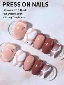 24 de unghii acrilice franceze scurte, ovale, maro, model presat, potrivire perfectă, setul include: 1 gel jeleu și 1 pilă de unghii. Autocolantele maro pentru unghii fac vârfurile degetelor să strălucească frumos, potrivite pentru petreceri, dans și uz zilnic.