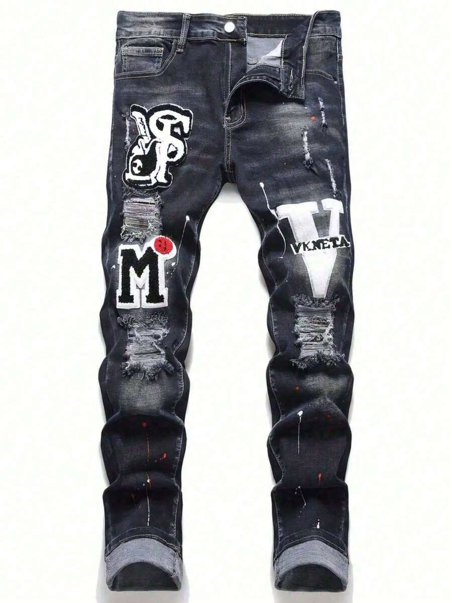 Men's Slim Fit Regular Letter Graphic Distressed Stretch Denim Jeans - Black - View 1