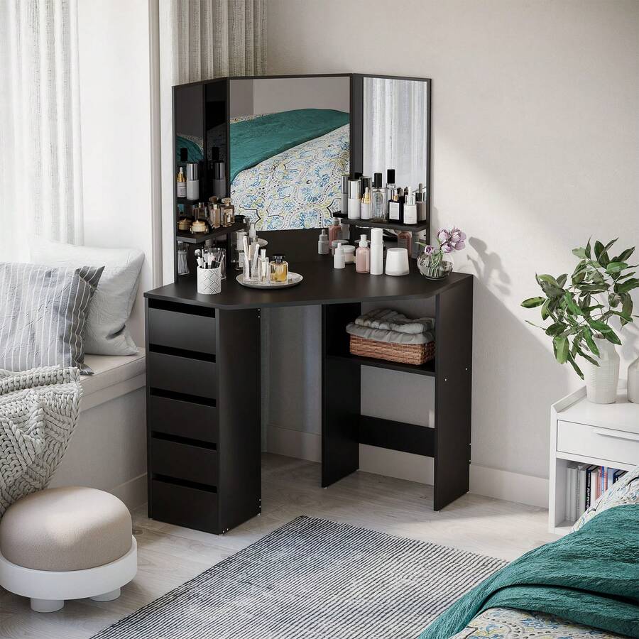 HOMCOM Corner Vanity Desk With Mirror, Makeup Vanity Table With 5 Drawers And Open Shelves, Dressing Table With 3-Piece Mirror For Bedroom, Black - 黑色 - 查看 1