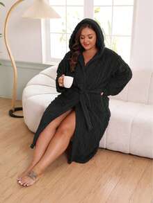 女士休闲长袖加厚抓绒连帽蓬松舒适睡袍，舒适优雅，腰部系带，适合情侣穿着，大码尺码，秋冬季