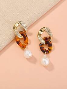 1 par de aretes con estampado de leopardo, aretes colgantes con cadena de rhinestone y perla