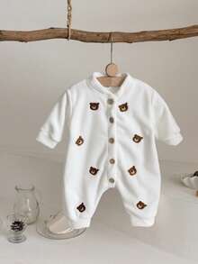 INS Baby Girls Bear Embroidery Thermal Lined Long Sleeve Jumpsuit, Warm For Winter