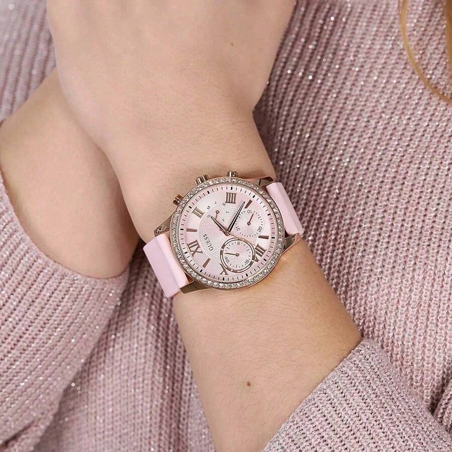Guess Solar Fashion Multi-Function Crystals Pink Dial Rubber Strap Quartz Watch For Women W1135L2 With Month Week Calendar Women Accessories Suitable For Daily Party Clothing Decor Stylish Gift For Women