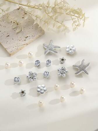 20 件银色鞋饰少女饰鞋配饰，带星星、花朵、海星和珍珠，适合女士花朵木屐鞋装饰珠宝可爱装饰品，可作为派对礼物生日礼物。