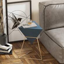 COZAYH Modern Geometric End Table With Wooden Top And Metal Base, Unique Pyramid Side Table Plant Stand For Office, Living Room, Bedroom, Triangle, Dark Blue - 深藍色與金色 - 查看 8