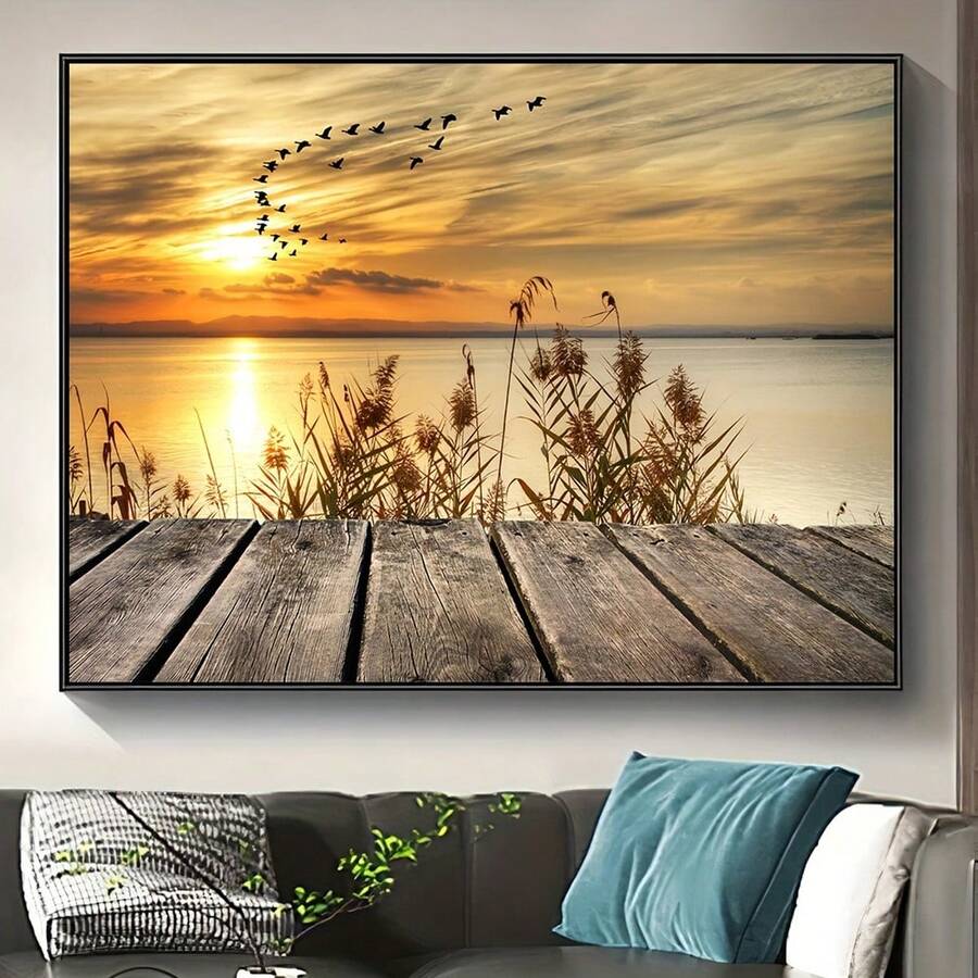 Modern Style Frameless Canvas Painting, Sunset Bird Flock Landscape, Waterproof And Odorless, Suitable As Birthday Gift, Decoration For Bedroom, Office, Living Room, Home And Dorm