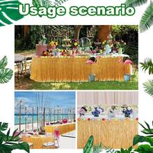 Zeyoy - Paquete de 1 falda de mesa de zacate Luau con temática hawaiana, decoración natural de fiesta de 9 pies x 29.5 pulgadas, falda de mesa con flores tropicales para fiestas de baile de hula - albaricoque - Ver 6