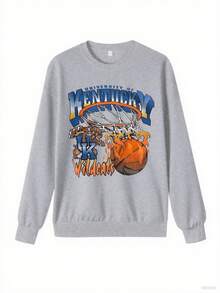 ONE WAVE 男士休闲街头篮球英文标语图案圆领套头卫衣 - 灰色 - 查看 2