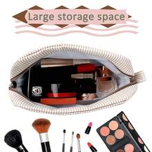 GFU Cosmetic Bags For Women, Seersucker Cosmetic Bag, Travel Toiletry Stripe Makeup Bag, Large Women Aesthetic Organizer Storage Pouch, Girls Handbags Purses, Brown{"Color_name":"Brown"} - 棕色 - 查看 3