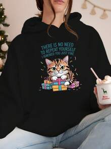 Women's Plus Size Sarcastic Cat Birthday Quote Hoodie - "No Need To Ruin Yourself" Graphic, Grey Geometric Pattern Pullover With Pockets, Cozy Fleece-Lined Hooded Sweatshirt For Autumn/Winter Casual Wear, Cat Clothes, Autumn Fashion, Playful Design, Durable Construction, Humor Enthusiasts - 灰色 - 查看 1