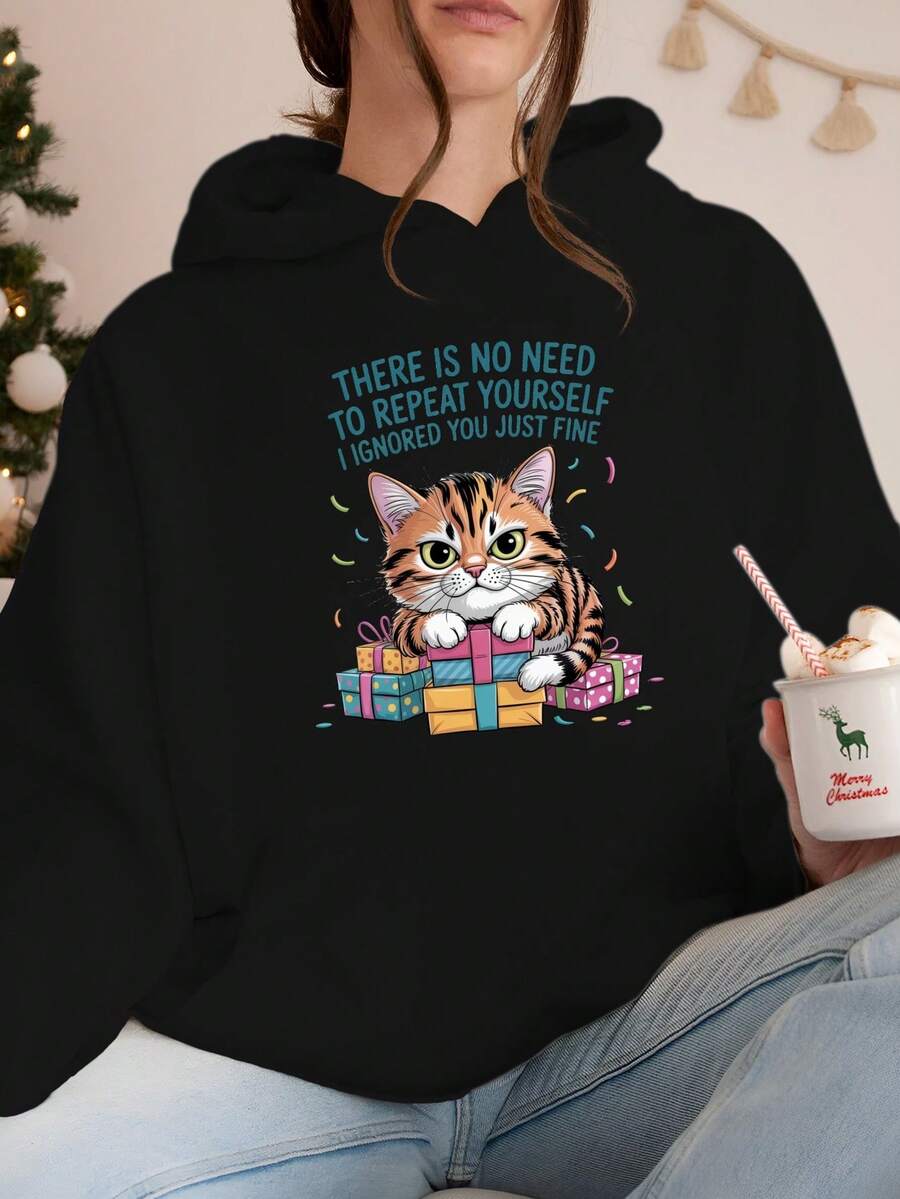 Women's Plus Size Sarcastic Cat Birthday Quote Hoodie - "No Need To Ruin Yourself" Graphic, Grey Geometric Pattern Pullover With Pockets, Cozy Fleece-Lined Hooded Sweatshirt For Autumn/Winter Casual Wear, Cat Clothes, Autumn Fashion, Playful Design, Durable Construction, Humor Enthusiasts - 灰色 - 查看 1