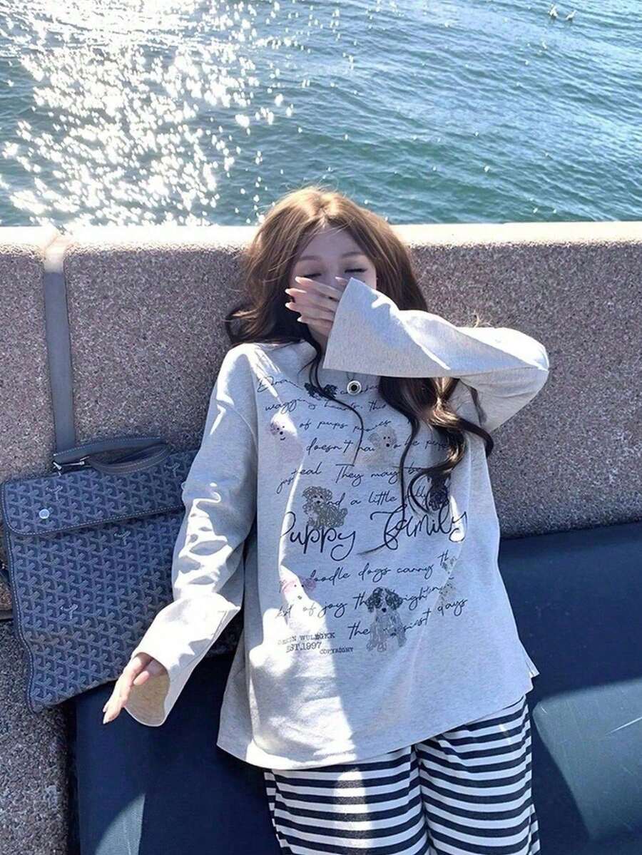 [Cotton Long Sleeve T-Shirt Autumn Wear]2025 Fall New Arrivals T-Shirt Long Sleeve Sweet & Cute Print Y2K Style Women's Tops - 淺花灰 - 查看 1