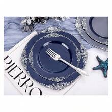 Blue & Silver Plastic Plates Disposable - 175pc Party Set For 25 Guests - As Picture/F - View 8