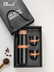 shoxil 3 件套咖啡礼品套装，包含 1 个 400 毫升不锈钢水瓶、2 个 80 毫升咖啡杯、带皮套的咖啡壶和卡瓦杯、带木纹盖的保温杯、旅行金属水瓶和水杯 - 彩色 - 查看 4