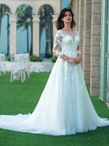 2025 New Arrival Long Sleeve Lace Embroidery Sequin Long Elegant Wedding Dress