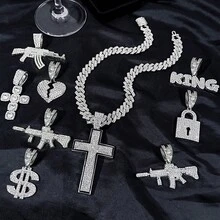 13/14毫米菱形链水钻心形十字架吊坠项链，男女皆宜，嘻哈风格，链项链，珠宝礼品 - 吊墜 - 查看 12