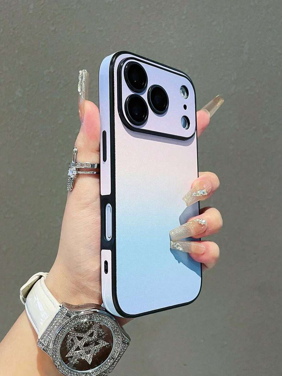1pc New Fashion High-End Tie Dye Gradient Korean Style Four-Edge PU Leather Protective Phone Case With Mirror, Shockproof Full Coverage Suitable For Apple 11/12/13/14/15/16/17 Pro Max - Purple Blue - View 1