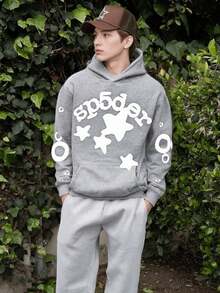 Sudadera con capucha de estrella para hombre Y2K Sp5der, sudadera con capucha con estampado de letras, informal, de manga larga, estilo urbano - Gris - Ver 6