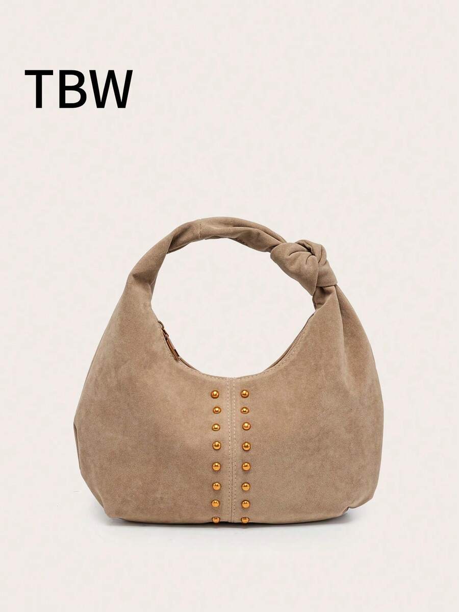 Women's Crescent-Shaped Solid Color Handbag, Versatile And Fashionable, With Knotted Single Handle, Suitable For Underarm Carry And Travel - Khaki - View 1