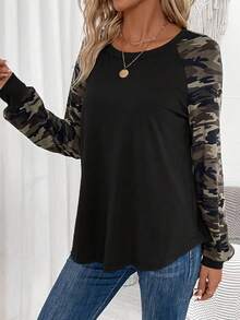Plus Size Women Camouflage Print Batwing Sleeve Round Neck T-Shirt, Casual And Fashionable
