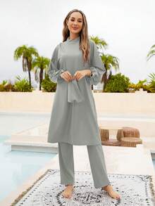 VFJ Burkini Muslim Swimsuits For Women Modest Islamic Swimwear Long Sleeve Full Cover 3PCS Set Beachwear With Cap - Grey - View 2
