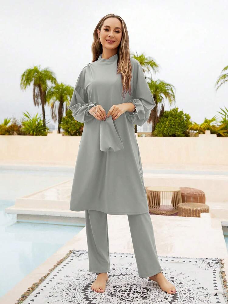 VFJ 布基尼穆斯林泳衣女士端庄伊斯兰泳装长袖全罩式 3 件套沙滩装带帽 - 灰色 - 查看 2