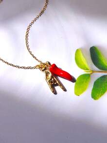 1pc Stainless Steel Italian Horn Amulet Hand Gesture Pendant Necklace, Red Chili Pepper Pendant Necklace, Suitable For Daily Wear And Gift For Friends And Family