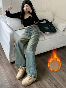 高腰宽松复古厚款保暖内衬直筒牛仔裤，女式踝长裤