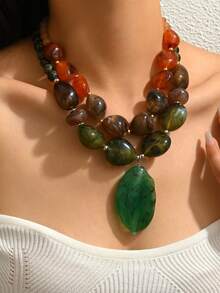 1条优雅波西米亚风串珠项链，绿/棕/米色树脂材质，适合海滩、派对等各种场合，四季皆宜。可单独购买，也可成套佩戴，打造叠戴效果。独特的树脂花朵吊坠项链，专为女性设计。树脂模具痕迹属正常现象。 - 彩色 - 查看 18