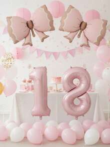 2pcs/Set 40-Inch Pink Number 0-9 Birthday Party Decorative Balloons, Huge Pink Matte Bow Shaped Foil Balloons, Suitable For Princess Style, Pink Theme, Anniversary, Baby Shower Birthday Party Decorations - Multicolor - View 4