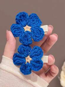 2pcs Hand-Knitted Blue Floral Hair Clip, Women's Forehead Side Fringe Alligator Hair Clip Hair Accessory, New Style, Claw Clips