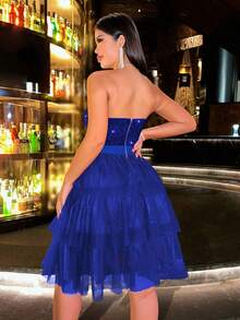 CHOSMO Halloween Black Sequin Patchwork Backless High Waist Mesh A-Line Mini Dress, Back To School Formal, Women's Party Dress, Elegant Ball Gown - Royal Blue - View 4