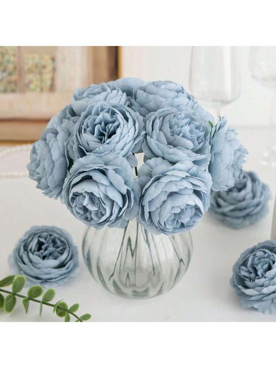 20/12/5/500 bông hoa mẫu đơn nhân tạo màu trắng, hoa mẫu đơn giả bằng lụa, thích hợp để trang trí tiệc cưới, trang trí bánh kem, trang trí bàn ăn phòng khách, trang trí tiệc mùa thu, trang trí trung tâm bàn ăn mùa thu hoạch, trang trí vòng hoa. - sương mù màu xanh - Xem 1
