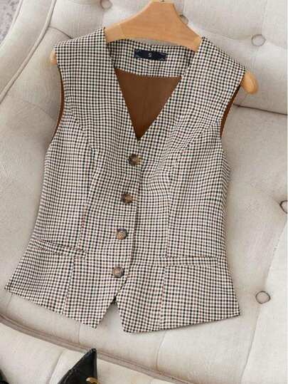 Plus Size Women Retro Casual Plaid Front Button Vest Jacket