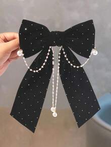 1pc Girls' Fashion Rhinestone Bow Pearl Pendant Decor Spring Clip (Random Pearl Quantity) - Black - View 2