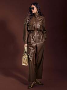 Sollinarry 女士春季新款仿皮夹克套装（含口袋和高领）及裤子两件套，时尚通勤冬季穿搭 - 咖色 - 查看 4