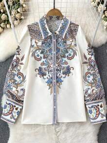 女士波西米亚风格印花衬衫领度假优雅女士服装节日服装翻领开衫长袖衬衫 - 白色 - 查看 2