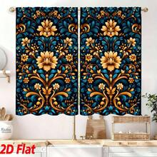 Blue Yellow Floral Pattern Curtain 2 Pc Sheet Rod Bag Flower Set Kitchen Cafe Bedroom Curtain Bathroom Home Decoration - Multicolor - View 1