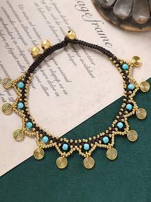 1 件复古波西米亚风格手工编织串珠脚链女款金银色编织铜和绿松石珠脚链异国风情脚铃饰品