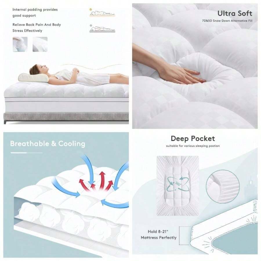 - Cubrecolchn tamao, grueso para dolor de espalda, protector de colchn refrescante con bolsillo de 8 a 21 pulgadas de profundidad, relleno alternativo de plumn - Blanco + Queen - Ver 1