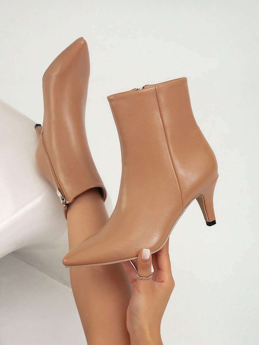 秋冬新款女士百搭保暖性感优雅细高跟尖头踝靴和高跟踝靴，猫跟鞋 - 棕色 - 查看 1