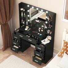 NEW Large Makeup Vanity Desk Mirror & 3 Color Modes Adjustable Brightness Table- Perfect For Organizing Makeup, Skincare, Elegant Vanity|Decorative Vanity, Vanity Furniture, Compact For Small Space, Bedroom Decor Gift, Suitable For Christmas And Halloween Decorations - Black - View 5